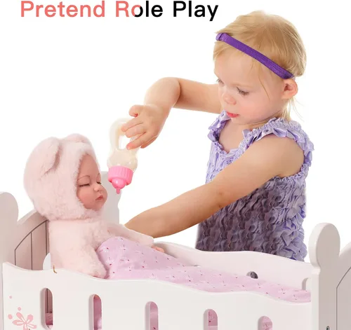Vista 4 de ROBUD Cuna de madera para muñecas, juguetes de cama de muñeca, se adapta a accesorios de muñeca de hasta 18 pulgadas