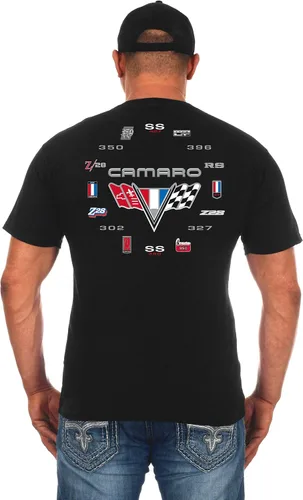 Vista 3 de Mens Chevy Camaro playera con la exclusiva Bandera Americana Pegatina