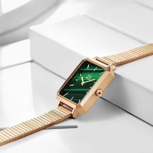Vista 3 de SHENGKE SK - Reloj cuadrado único para mujer, con correa de malla de acero inoxidable, de cuero auténtico, elegante, rectángulo, para mujer