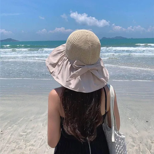 Vista 4 de Sombrero de paja de malla de ala ancha para mujer, protección UV, sombrero de paja plegable de verano, UPF 50+ Beige