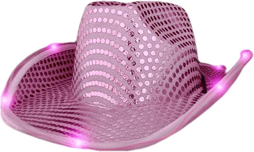 Vista 4 de blinkee Paquete de 12 sombreros de vaquero de lentejuelas rosas y tiara LED blanca para despedida de soltera para fiesta nupcial