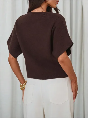 Vista 2 de SOLY HUX Cárdigan de manga corta con cuello en V para mujer marrón (Plain Brown)