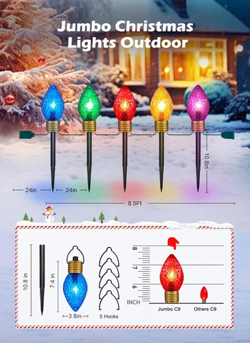 Vista 3 de Strawberry Jumbo C9 Luces de Camino de Navidad para Exteriores - 8.5 Pies 5 Luces LED C9 de Navidad, Luces C7 Cubiertas Jumbo Multicolor Luces