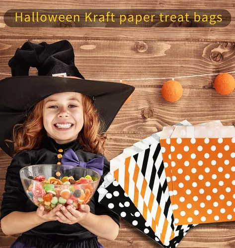 Vista 6 de Jexila Paquete de 100 bolsas de regalo de Halloween, bolsas de papel con patrón de lunares naranjas y negros con patrón de rayas para niños, regalos