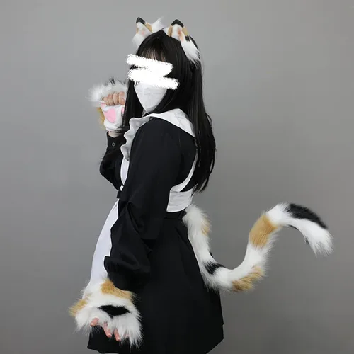 Vista 4 de JUNBOON Juego de orejas de gato de piel sintética y cola de lobo y zorro para adultos y niños, kit de guantes con garras para fiesta de Halloween