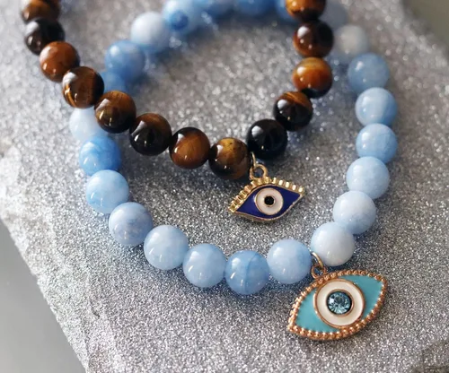 Vista 3 de T. VICTORIA - Brown Natural Tiger Eye Evil Eye Protection Prosperity Solar Plexus Chakra Healing Crystal Charm Beaded Stretch Gemstone Bracelet