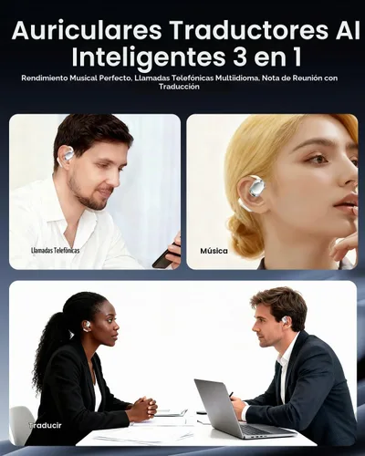 Vista 6 de Auriculares de traducción inalámbricos Bluetooth, intérprete en tiempo real, traductor de idiomas, auriculares con aplicación sin suscripción
