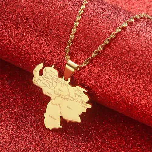 Vista 3 de Collar con colgante de mapa de Venezuela con ciudades color plateado y dorado joyería venezolana