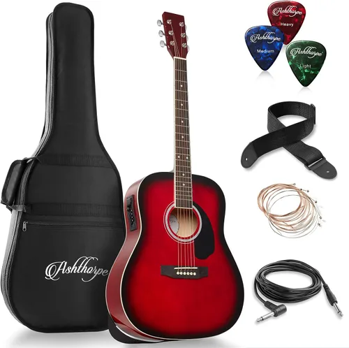 Vista 8 de Ashthorpe Paquete de guitarra acústico-eléctrica Dreadnought de tamaño completo - Maderas tonales premium - Negro