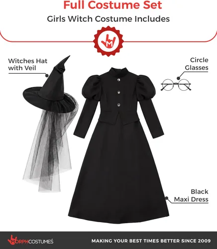 Vista 2 de Morph Disfraz de bruja malvada para niñas, vestido de bruja para niños, disfraz de Halloween malvado para niños
