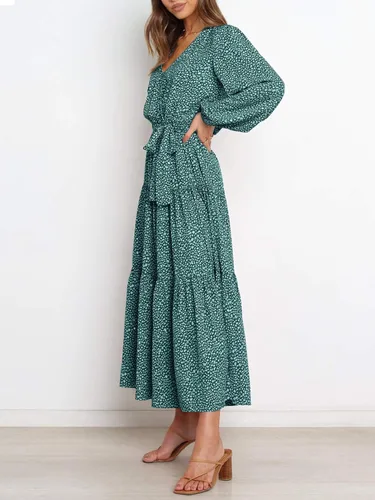 Vista 5 de PRETTYGARDEN - Vestido largo para mujer, de manga larga, cuello en V, estampado de leopardo, volantes, lazo en la cintura, estilo bohemio, de gasa