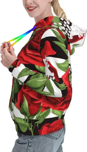 Vista 3 de BcoDoN Womens Rose Floral Black White Stripes Hoodies Sweatshirt Sports Pullover Tops For Ladies