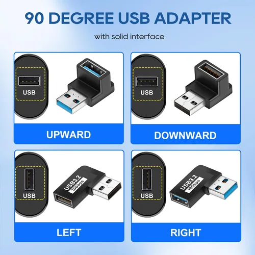 Vista 2 de UCEC Adaptador USB de 90 grados, adaptador de ángulo recto USB 3.2, ángulo izquierdo y recto horizontal USB A macho a USB A hembra, conector