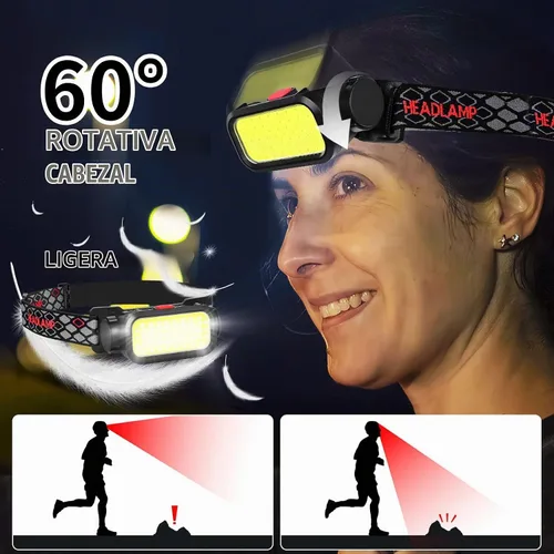 Vista 3 de Foleto - Linterna frontal recargable, 8000 lúmenes COB LED con luz roja
