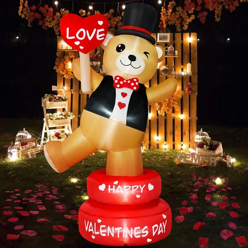 Vista 9 de B&D Oso inflable para el día de San Valentín de 4 pies con corazón de amor, decoraciones de patio inflables con luces LED RGB integradas, decoración