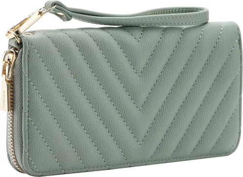 Vista 13 de Brentano Cartera delgada de cuero vegano con cremallera única bordada Chevron con correa extraíble para la muñeca Beige almendra