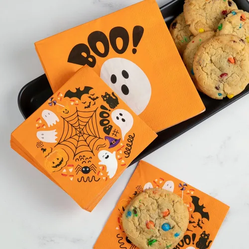 Vista 7 de Juego de vajilla desechable de 80 piezas con diseños de fantasma y calabaza, incluye platos de 9 y 7 pulgadas, servilletas de cóctel y almuerzo