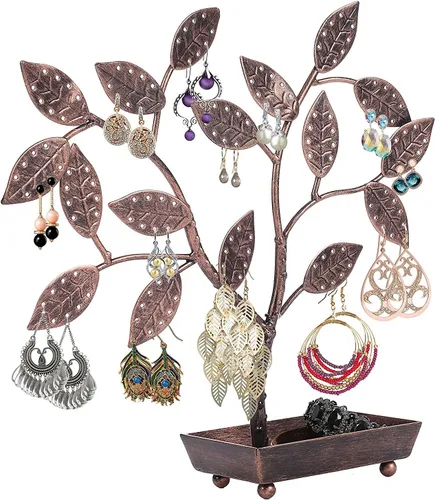 Vista 2 de MyGift - Árbol para colgar joyas, aretes y collares con charola para anillos., Bronce, TB-J0115BRZ