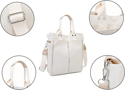Vista 5 de Bolso de lona de algodón para mujer, bolso de hombro con asa superior, bolso cruzado, Blanco