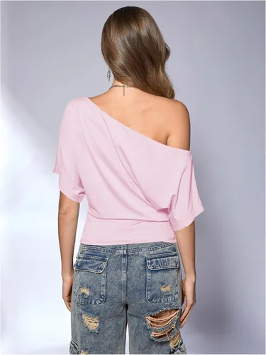 Vista 2 de SweatyRocks Women's Off The Shoulder Tops Asymmetrical Summer Going Out Top Rosa claro