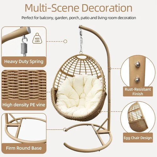 Vista 2 de Silla columpio colgante con soporte, hamaca de mimbre de polietileno, cojín desmontable suave, resistente 350 libras, interior y exterior