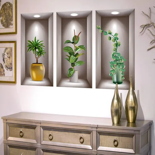 Vista 2 de Calcomanías de pared con plantas verdes 3D, 3 hojas de vinilo 3D removibles para pared, decoración de pared para sala de estar, oficina