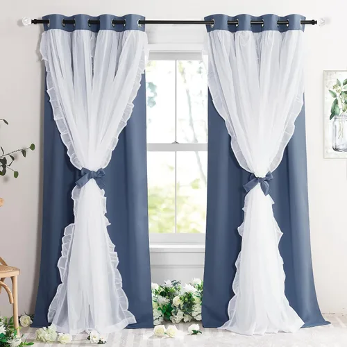 Vista 35 de PONY DANCE Cortinas con Volantes de Doble Capa con Superposición Transparente, Decoración Elegante para Ventanas de Diseño Rústico Francés de Campo