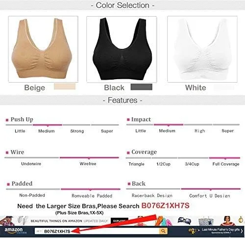 Vista 7 de Cabales Womens Pull On Style Seamless Comfortable Wire-Free Yoga Bra with Removable Pads
