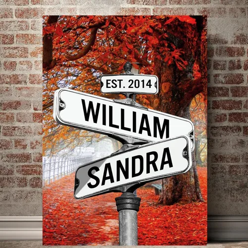 Vista 8 de Mapileng Lienzo personalizado de Crossroads Street Sign para parejas, nombres personalizados y fecha, arte de pared vintage, regalo del día de San