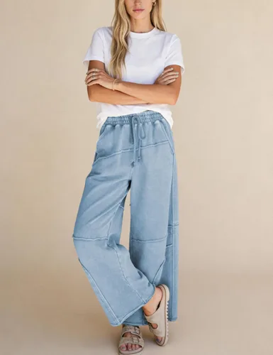 Vista 4 de Athlisan Pantalones deportivos casuales de pierna ancha para mujer, cintura alta, lavado ácido, pantalones palazzo con bolsillos