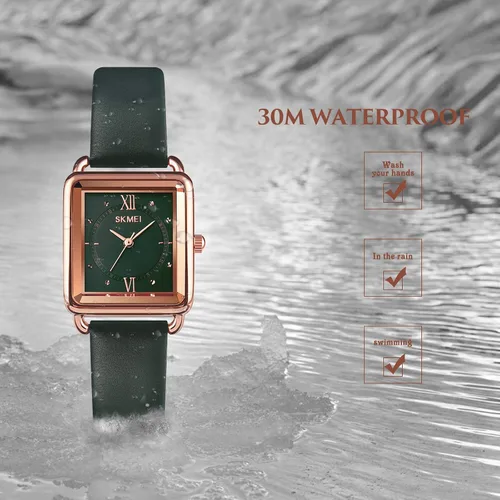 Vista 3 de SKMEI - Reloj de pulsera para mujer, de piel, rectangular, elegante, para mujer, Classic, Verde-D