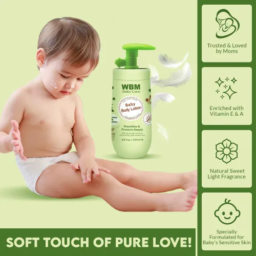 Vista 4 de WBM Care Baby Lotion Loción nutritiva para rostro y cuerpo enriquecida con miel natural y aceite de germen de trigo, suave y segura