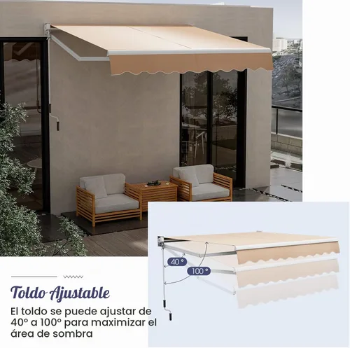 Vista 3 de Giantex Toldo retráctil para patio – Refugio solar de 8 x 6.6 pies con manivela manual fácil, estructura metálica de alta resistencia, toldo Beige