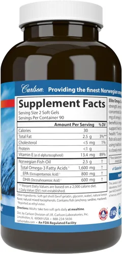 Vista 2 de Carlson Labs Elite Omega-3 Gems Aceite de pescado 1250 mg, 180 cápsulas blandas