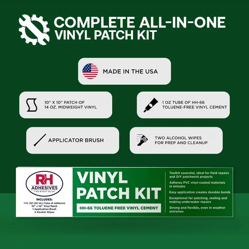 Vista 4 de Kit de parches de vinilo RH Adhesives con PVC flexible reforzado de 10" x 10", tubo de 1 oz. de cemento de vinilo HH-66 TF, pincel aplicador, Negro