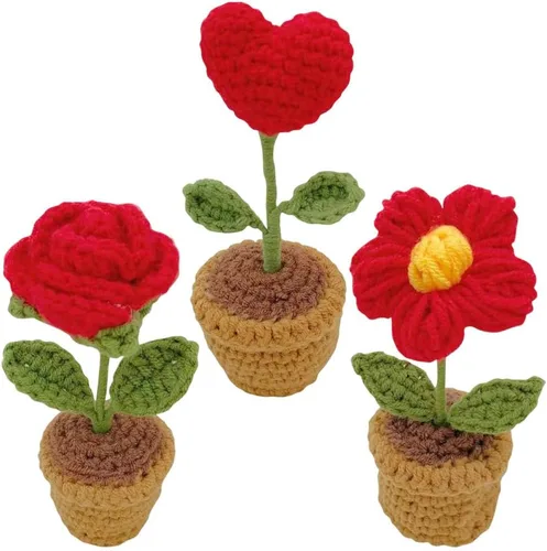Vista 12 de JOONOR 3 mini plantas de ganchillo en maceta de girasol, flor de ciruelo falsa de punto para baño, hogar, cocina, mesa rústica, centro de mesa