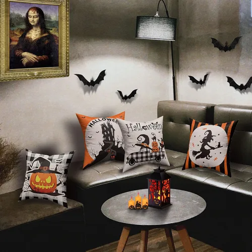 Vista 6 de Juego de 4 fundas de almohada espeluznantes de Halloween de 18 x 18 pulgadas, diseño de calabaza, espantapájaros, camión, castillo de bruja