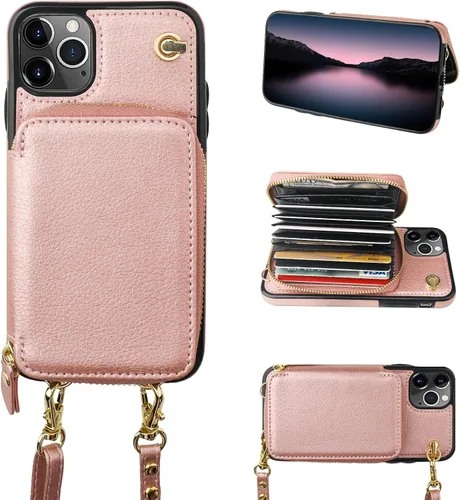 Vista 10 de Bocasal Funda tipo cartera cruzada para iPhone 11 Pro Max, funda de piel con bloqueo RFID y soporte para tarjetas, funda protectora con cremallera