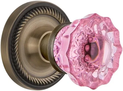 Vista 6 de Nostalgic Warehouse 724992 Pomo de puerta de cristal rosa con roseta de cuerda de privacidad en latón pulido, 2.375