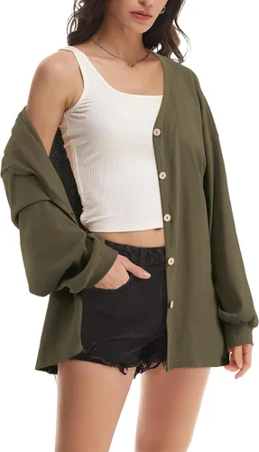 Vista 3 de Beluring Women's Shirts V Neck Long Sleeve Waffle Knit Button Up Tunic Tops Blouse verde militar (s-army green)