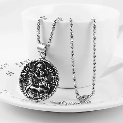 Vista 6 de AsAlways Saint Joseph Collar de acero inoxidable con medalla de los santos patronos católicos, regalo de bendiciones de medallón de viajero