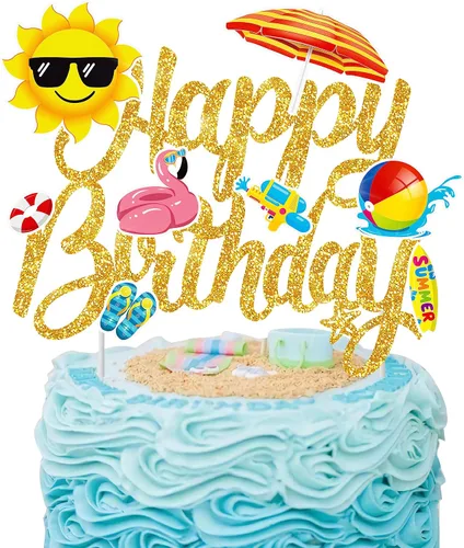 Vista 10 de Decoración de pastel de playa de verano para piscina, selección de pastel de cumpleaños, decoración de pastel de feliz cumpleaños, decoración