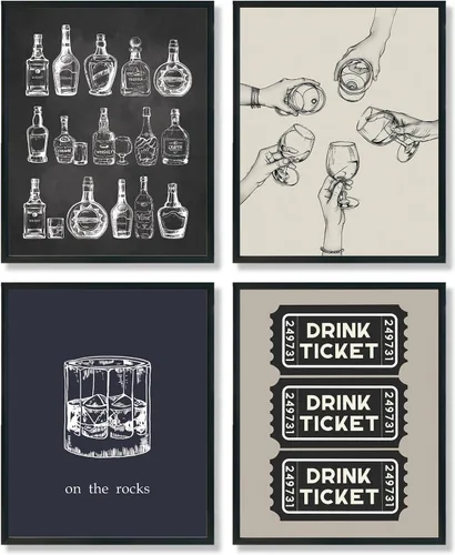 Vista 13 de ULEGIE Decoración de pared de bar, decoración de carrito de bar, decoración de pared retro de cóctel de champán, juego de 4, póster de bar