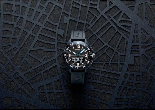 Vista 4 de Alpina Reloj inteligente de cuarzo suizo multifuncional con bisel de brújula bidireccional para hombre correa de goma azul marino
