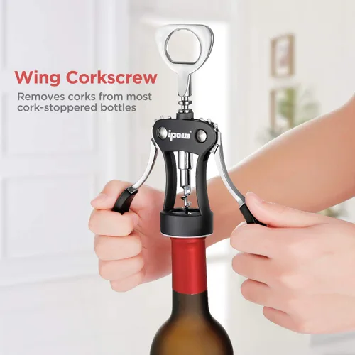 Vista 4 de IPOW Abridor de vino, abridor de botellas de vino de aleación de zinc, sacacorchos de ala resistente, sacacorchos multifuncional manual para Negro