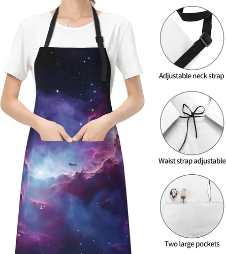 Vista 6 de Delantales de galaxia púrpura y azul para mujer con 2 bolsillos, delantal de cocina para hombres, resistente al agua y al aceite, delantal ajustable