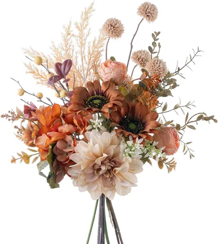 Vista 10 de Arreglos florales artificiales de seda de 17 pulgadas, ramos de flores artificiales que consisten en ranúnculos, crisantemos silvestres, rosas Ámbar