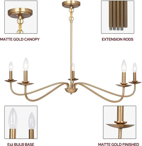 Vista 5 de Candelabro moderno, lámpara de 5 luces para comedor, lámpara dorada de altura ajustable, lámpara de araña de granja para comedor, entrada