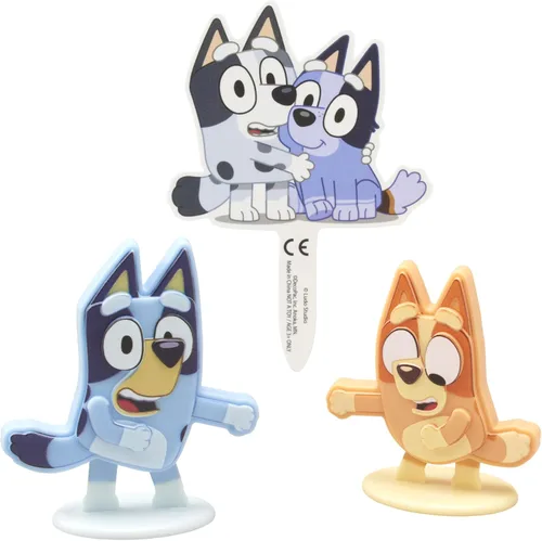 Vista 9 de DecoSet® Bluey Dance Mode - Adornos para tartas, decoración para tartas de 3 piezas con figuras de Bluey y Bingo y Muffin & Socks Poly Pic