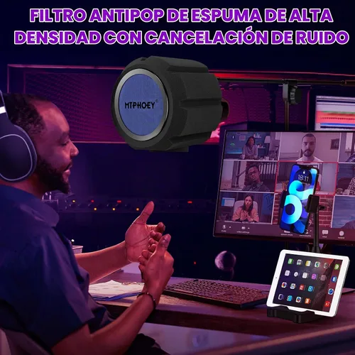 Vista 2 de Paravientos de micrófono con filtro pop con soporte de micrófono de regalo y soporte para teléfono, escudo de grabación, bola de aislamiento